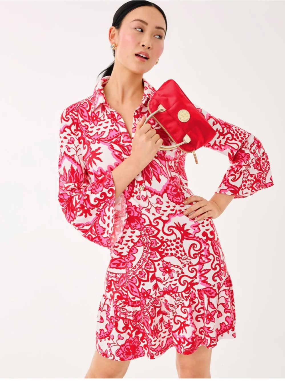 Pink & Red Patterned Shirt Dress